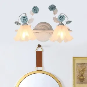 Ruffle Bathroom Wall Mount Light - American Flower Frosted Glass - 2/3-Head Vanity Sconce - Pink/Blue