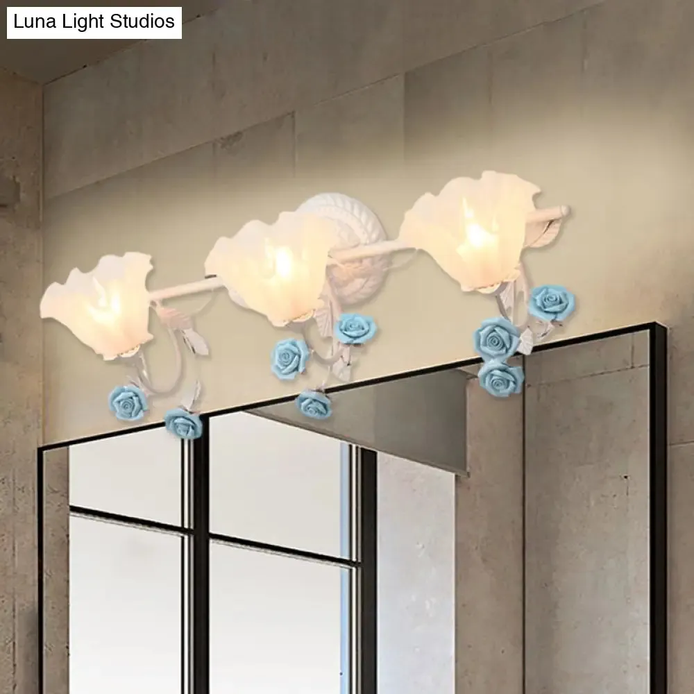 Ruffle Bathroom Wall Mount Light - American Flower Frosted Glass - 2/3-Head Vanity Sconce - Pink/Blue