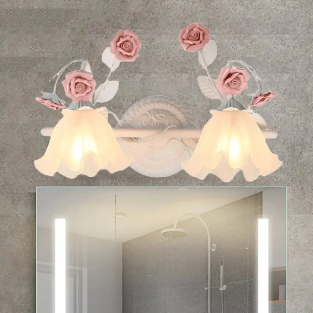 Ruffle Bathroom Wall Mount Light - American Flower Frosted Glass - 2/3-Head Vanity Sconce - Pink/Blue