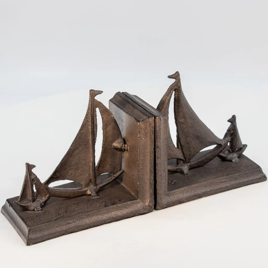 Sailboat Tows Dinghy Nautical Bookends Figurine - Metal - Cast Iron - Pair