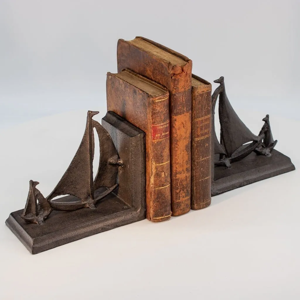 Sailboat Tows Dinghy Nautical Bookends Figurine - Metal - Cast Iron - Pair