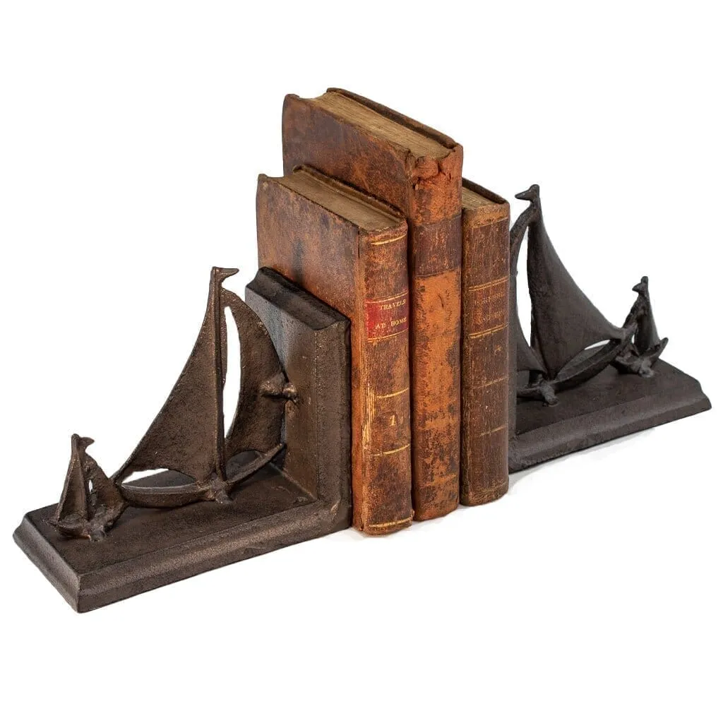 Sailboat Tows Dinghy Nautical Bookends Figurine - Metal - Cast Iron - Pair