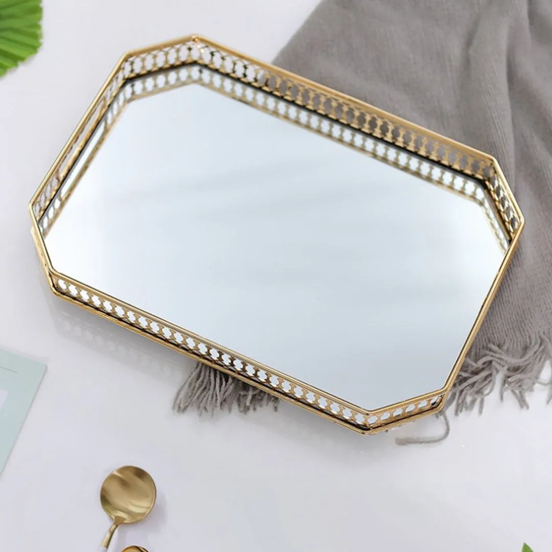 SOGA 35cm Gold Rectangle Ornate Mirror Glass Metal Tray Vanity Makeup Perfume Jewelry Organiser with Handles