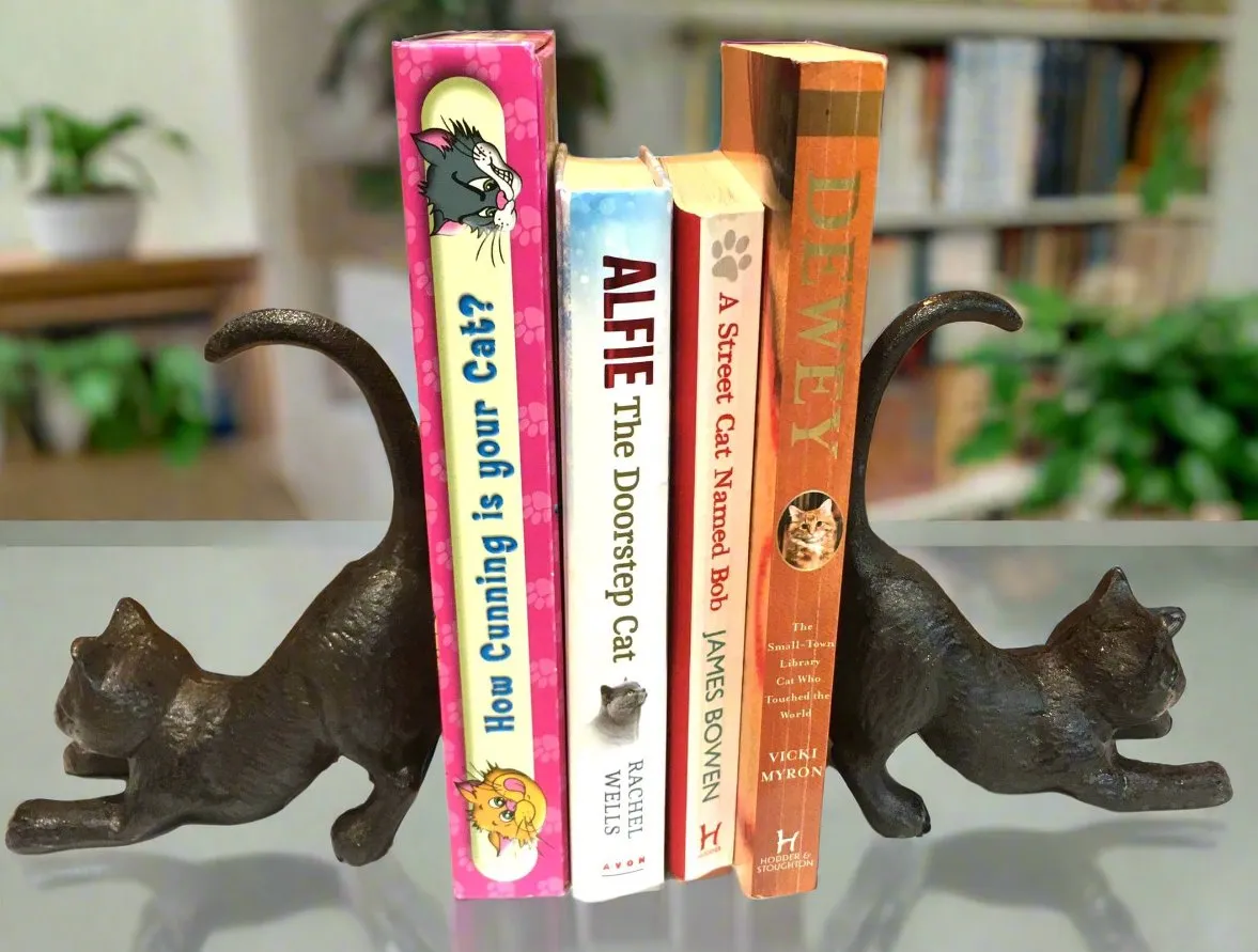 Stretching Cat Cast Iron Book Ends / Door Stop