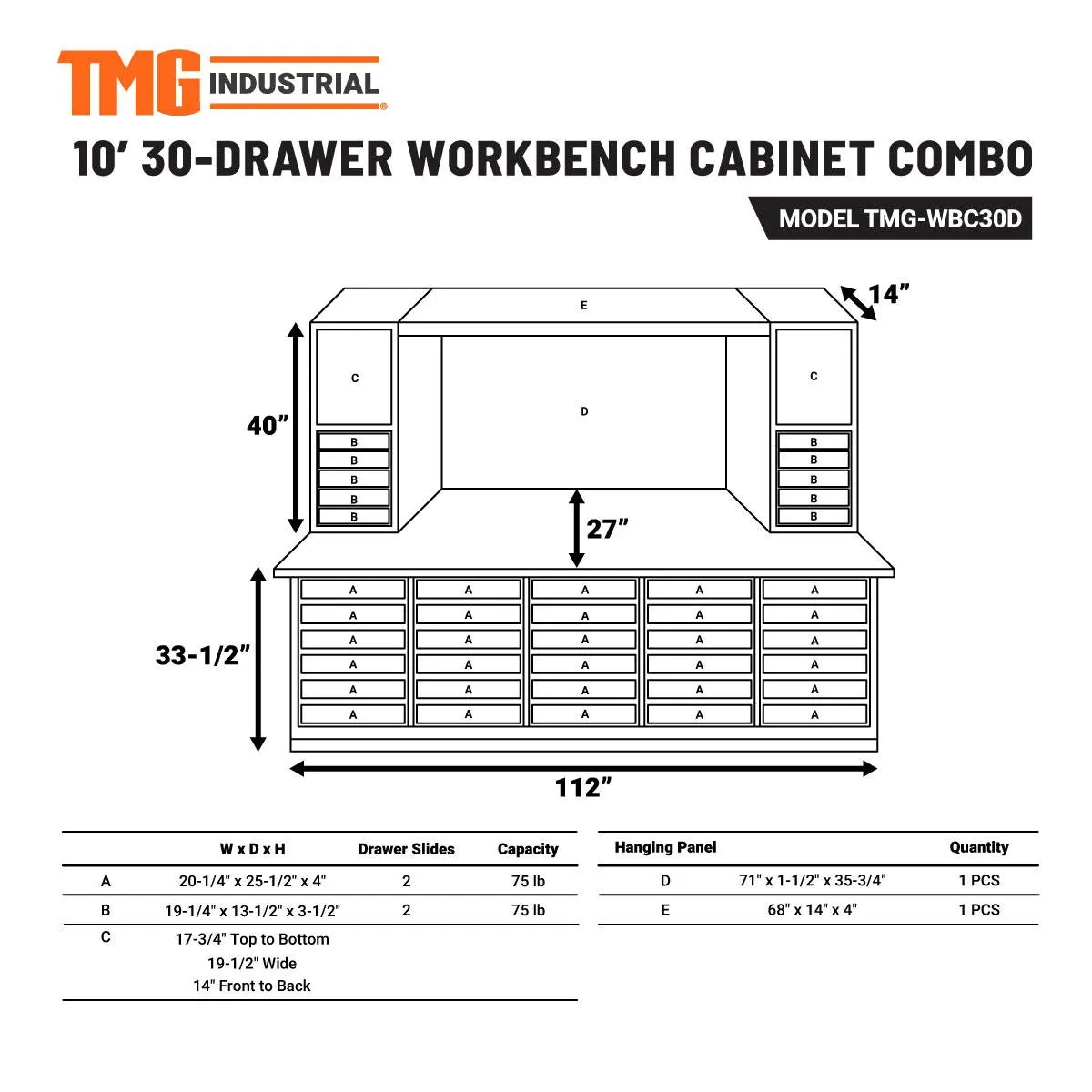 TMG-WBC30D 10' 30-Drawer Workbench Cabinet Combo with 68" Pegboard