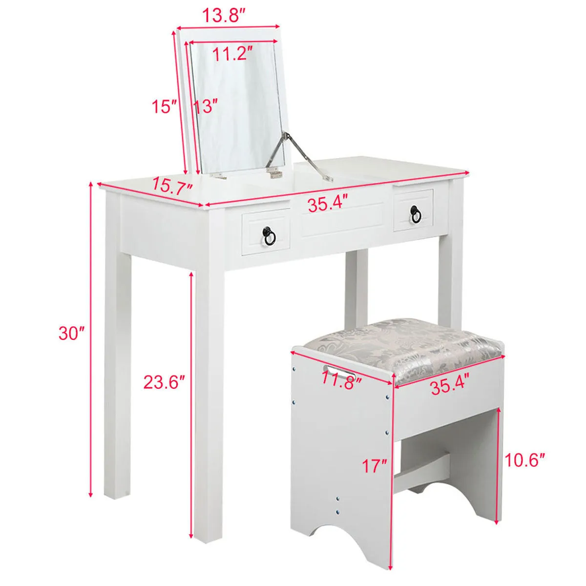 Vanity Set Table with Flip Top Mirror, Makeup Dressing Table with 2 Drawers, 3 Storage Organizers Dividers, Cushioned Stool, White