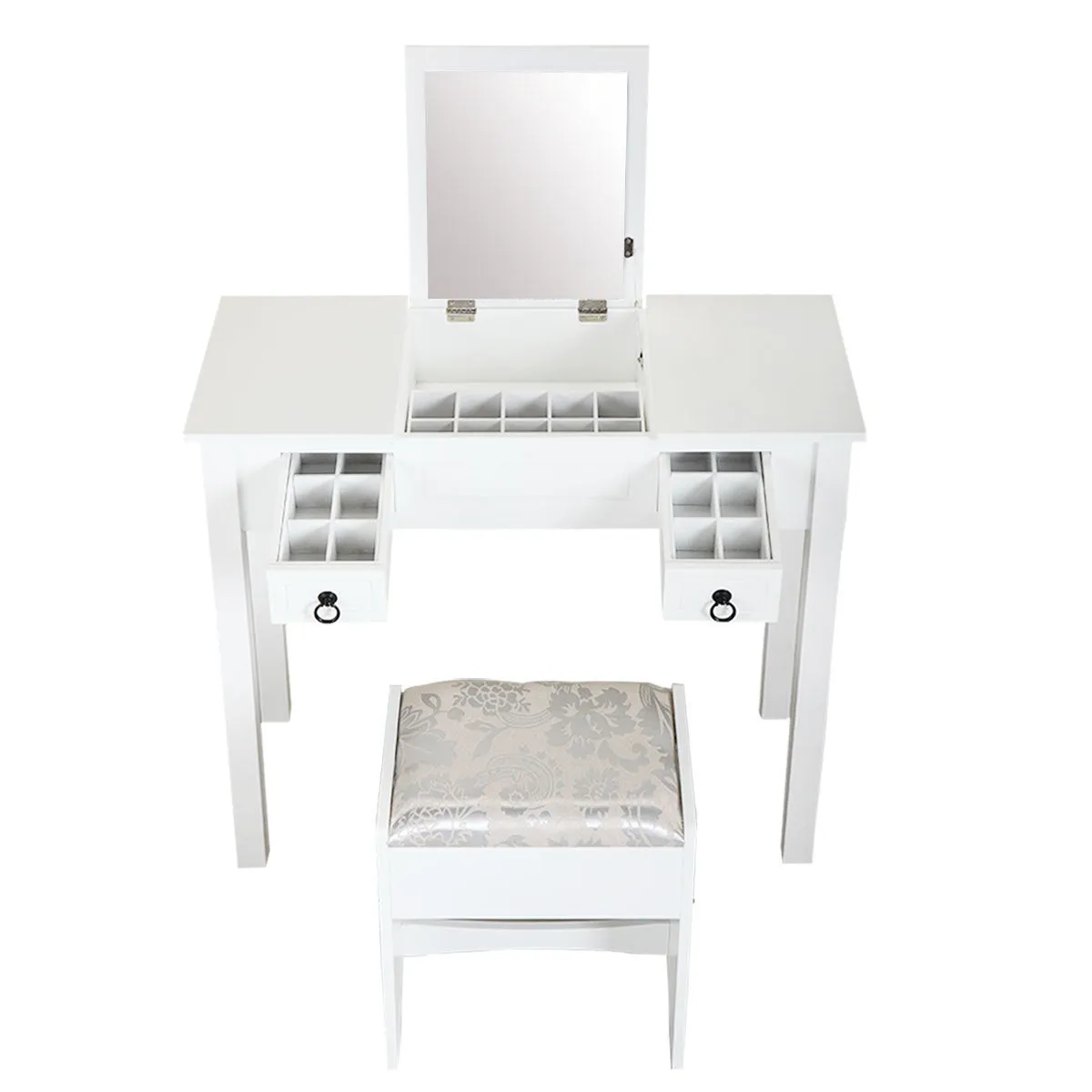 Vanity Set Table with Flip Top Mirror, Makeup Dressing Table with 2 Drawers, 3 Storage Organizers Dividers, Cushioned Stool, White