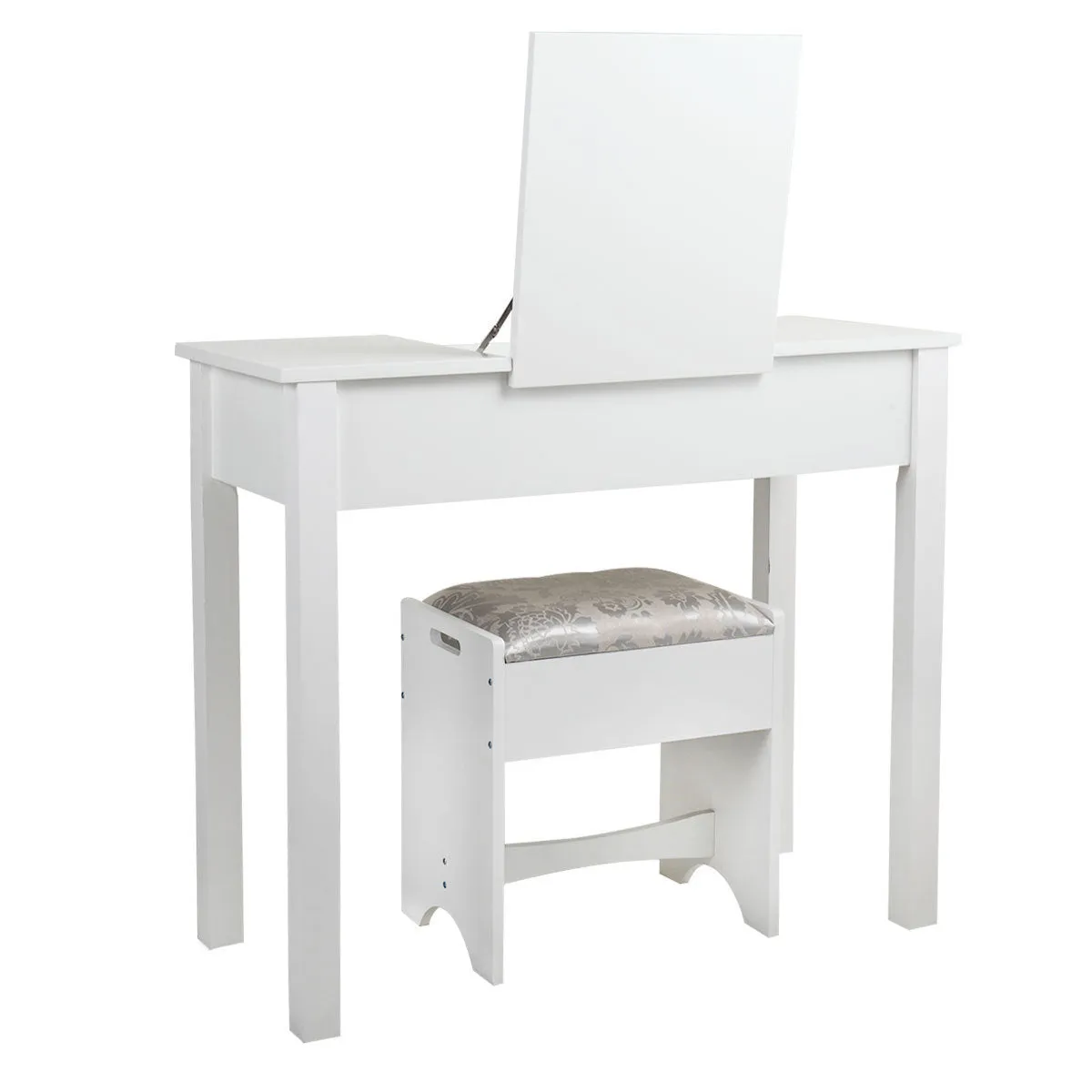 Vanity Set Table with Flip Top Mirror, Makeup Dressing Table with 2 Drawers, 3 Storage Organizers Dividers, Cushioned Stool, White