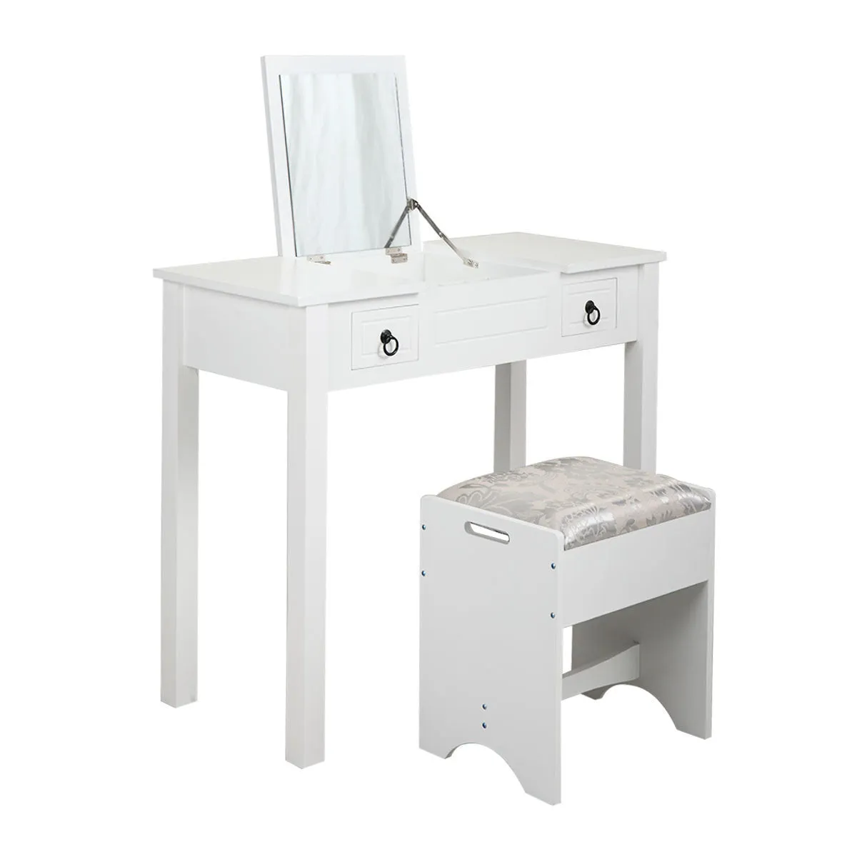 Vanity Set Table with Flip Top Mirror, Makeup Dressing Table with 2 Drawers, 3 Storage Organizers Dividers, Cushioned Stool, White