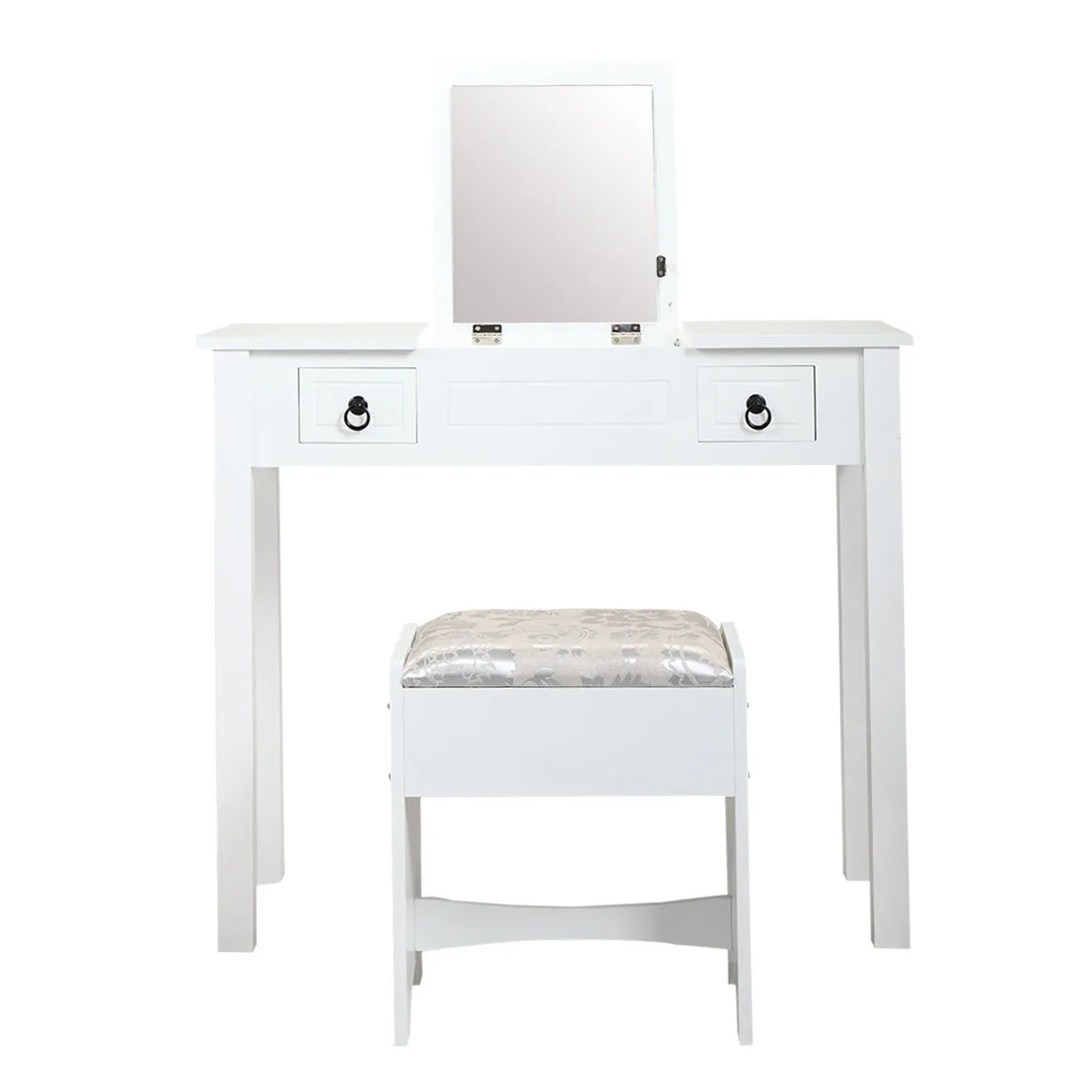 Vanity Set Table with Flip Top Mirror, Makeup Dressing Table with 2 Drawers, 3 Storage Organizers Dividers, Cushioned Stool, White