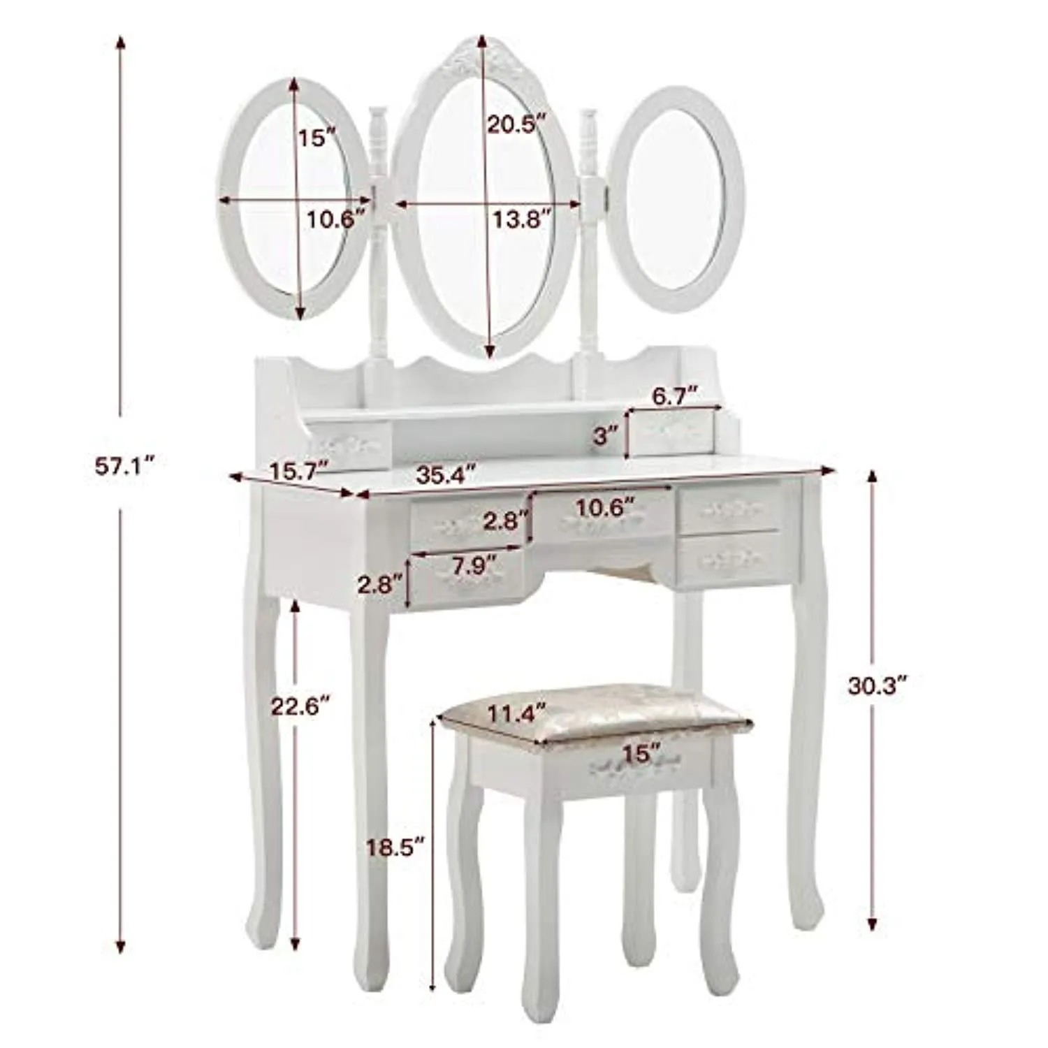 Vanity Table Set  with Mirror Stool  with 7 Drawers