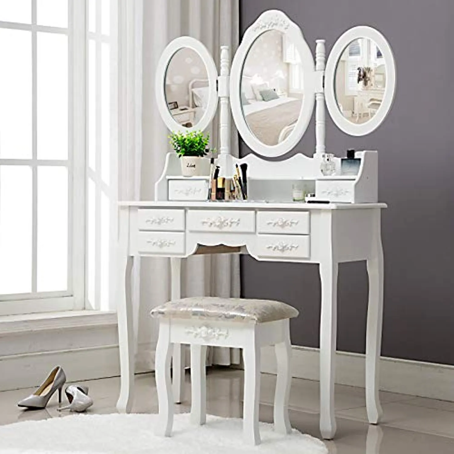 Vanity Table Set  with Mirror Stool  with 7 Drawers