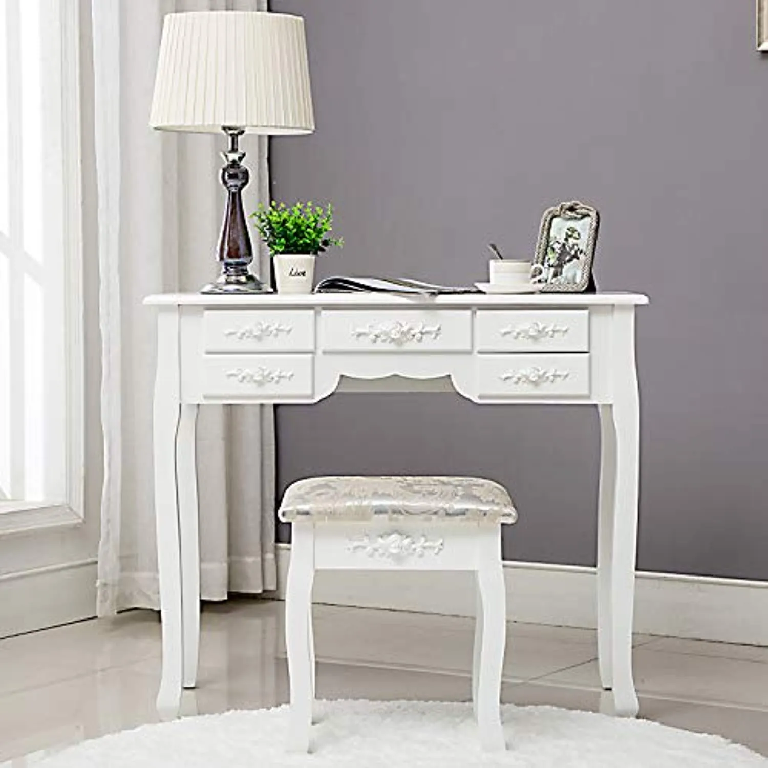 Vanity Table Set  with Mirror Stool  with 7 Drawers