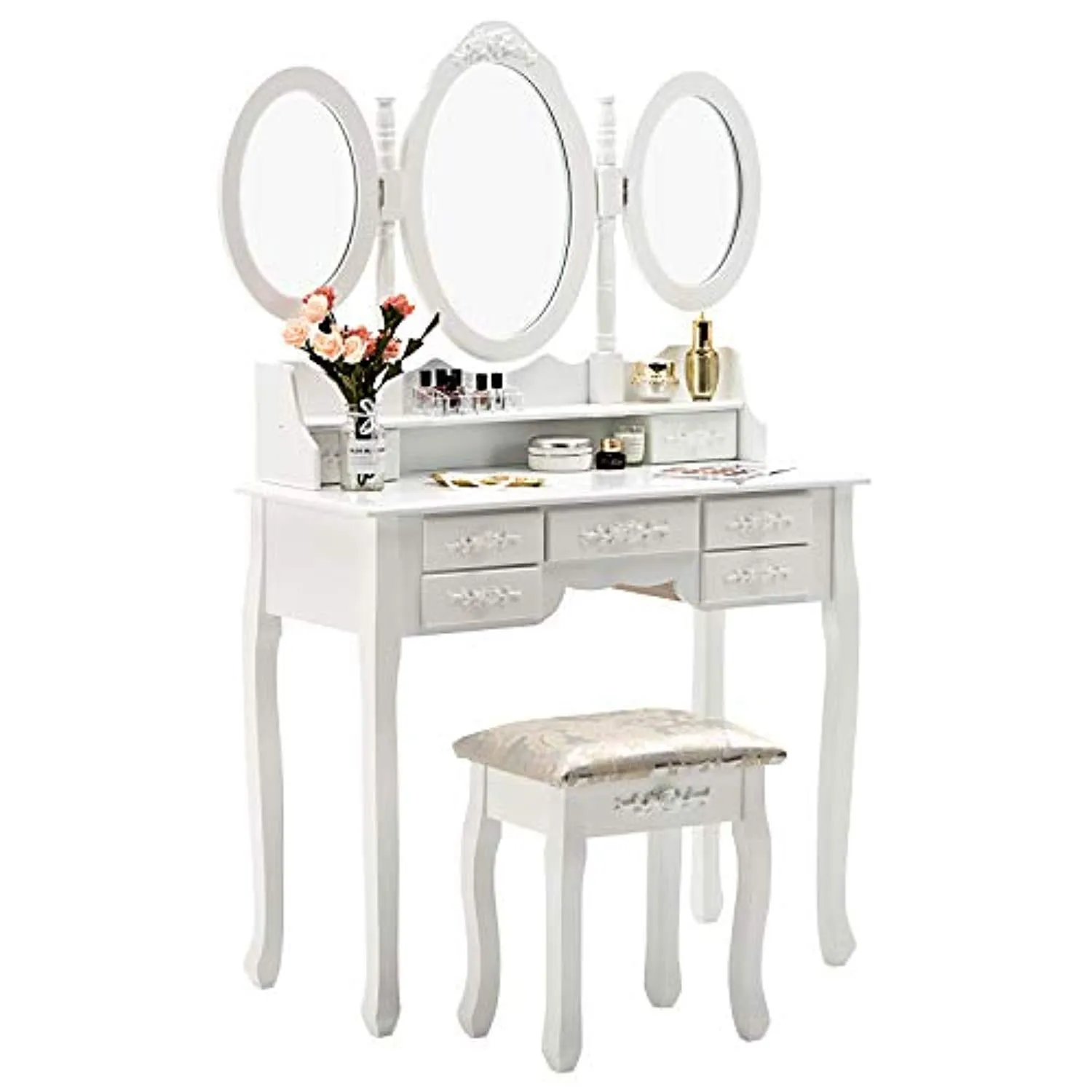 Vanity Table Set  with Mirror Stool  with 7 Drawers