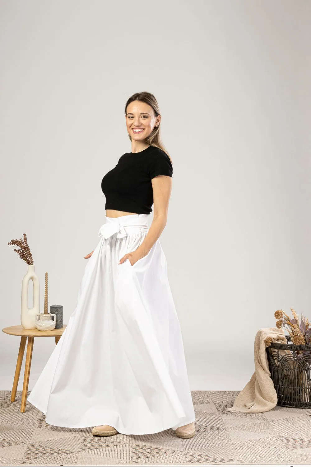 White Loose High Waist Skirt with Pockets